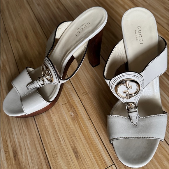 Gucci 1973 Saddle Leather T-strap Wood Platform Clog Sandals White 39 9 - Picture 4 of 11